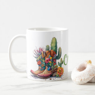 カラフル女性のカーボーイブーツ花とサボテン コーヒーマグカップ