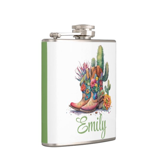 カラフル女性のカーボーイブーツ花とサボテン フラスク (右)