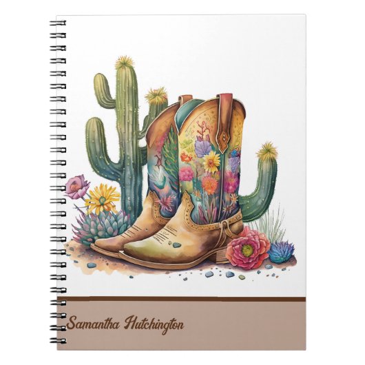 カラフル女性のカーボーイブーツ（花とサボテン） ノートブック (正面)