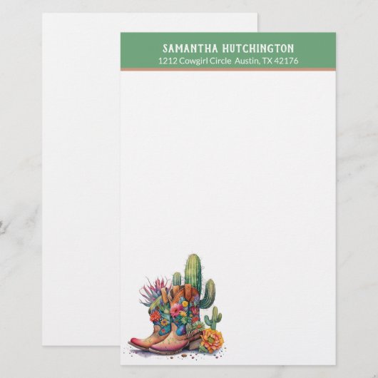 カラフル女性のカーボーイブーツ（花とサボテン） 便箋 (正面/裏面)