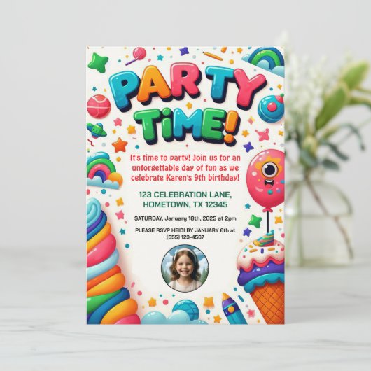 カラフル子供の誕生日パーティーフォト招待状 招待状 (スタンド正面)