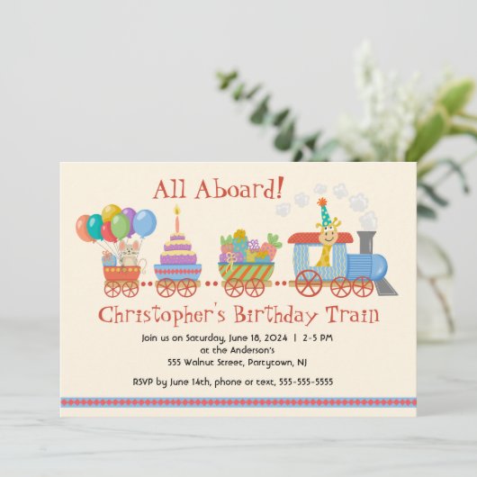 カラフル子供の誕生日列車招待状 招待状 (スタンド正面)
