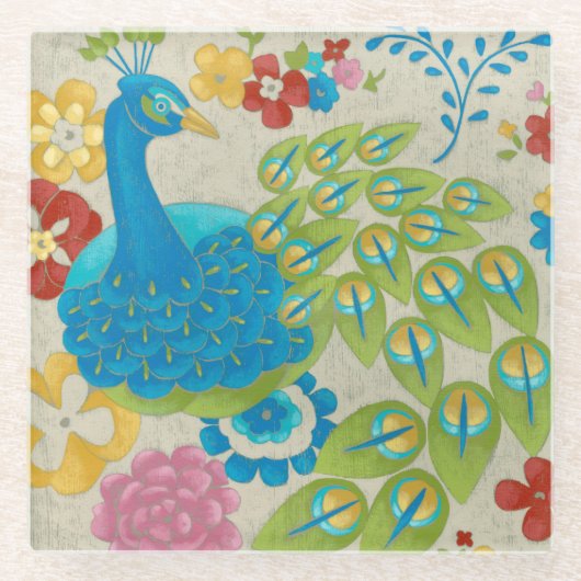 カラフル孔雀と花 ガラスコースター (正面)