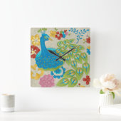 カラフル孔雀と花 スクエア壁時計 (ホーム)