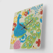 カラフル孔雀と花 スクエア壁時計 (傾斜)