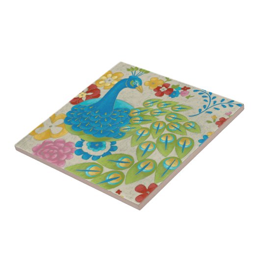 カラフル孔雀と花 タイル (側面)