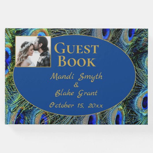カラフル孔雀の羽金ゴールド結婚フォント ゲストブック (正面)