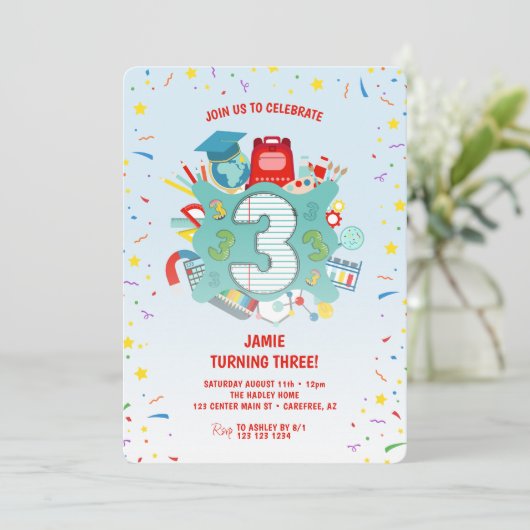 カラフル学校をテーマにした誕生日パーティー 招待状 (スタンド正面)