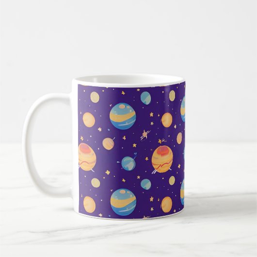 カラフル宇宙パターン(惑星、星) コーヒーマグカップ (左)