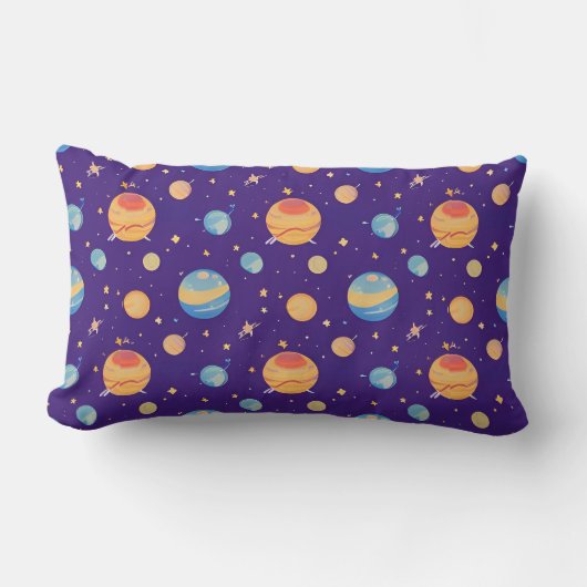 カラフル宇宙パターン（惑星、星） ランバークッション (正面)