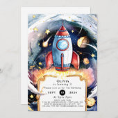 カラフル宇宙ロケット誕生日 招待状 (正面/裏面)