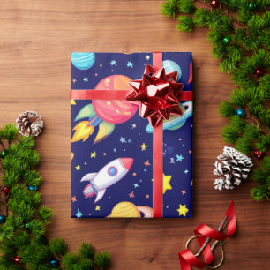 🚀 カラフル宇宙風刺絵グロー 🌈 キッズ用楽しい銀河 ラッピングペーパー