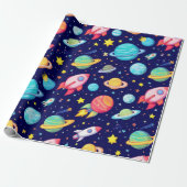 🚀 カラフル宇宙風刺絵グロー 🌈 キッズ用楽しい銀河 ラッピングペーパー (アンロールド)