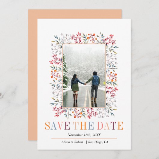 カラフル実と葉の縁ど桃 セーブザデート (正面/裏面)