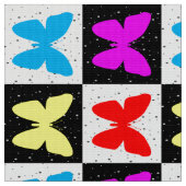 カラフル市松模様に蝶 ファブリック (クローズアップ)