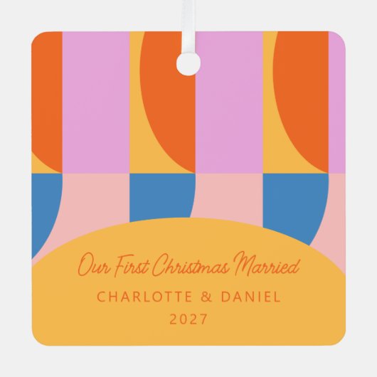 カラフル幾何パーソナライズされた写真結婚した メタルオーナメント (正面)