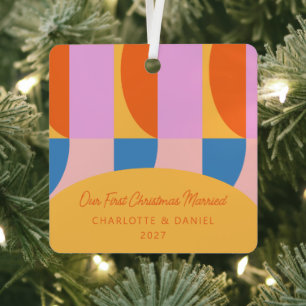 カラフル幾何パーソナライズされた写真結婚した メタルオーナメント