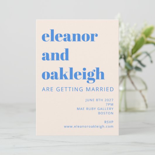 カラフル幾何モダン青タイポグラフィ結婚の 招待状 (スタンド正面)