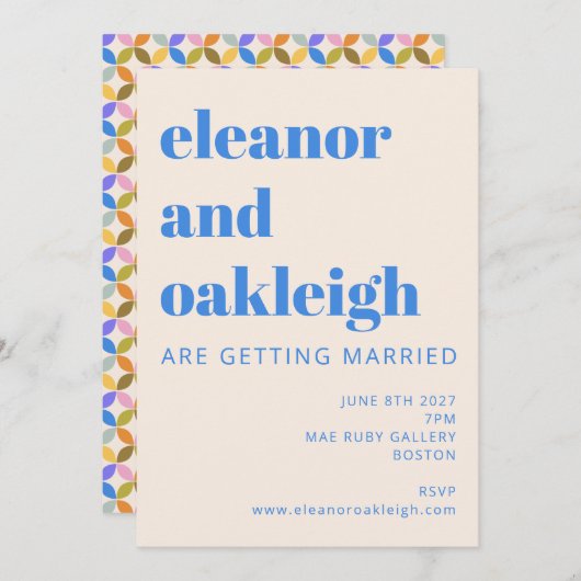 カラフル幾何モダン青タイポグラフィ結婚の 招待状 (正面/裏面)