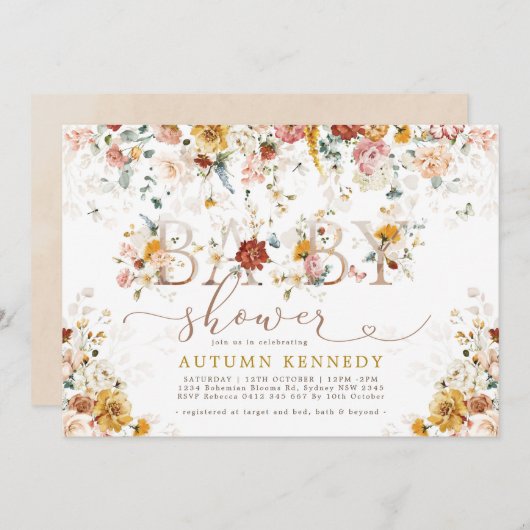 カラフル庭の花男女兼用赤ちゃん 招待状 (正面/裏面)