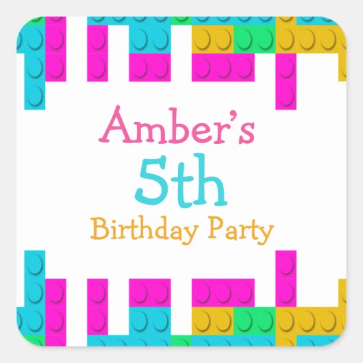 カラフル建物ブロックガールバースデーパーティー スクエアシール (正面)