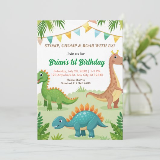 カラフル恐竜かわいい男の子の誕生日パーティー 招待状 (スタンド正面)