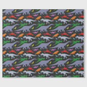 カラフル恐竜のパターン（黒） ラッピングペーパー (フラット)