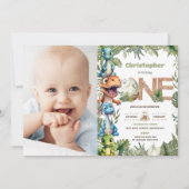 カラフル恐竜の緑1歳の誕生日ワンフォト 招待状 (正面)