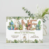 カラフル恐竜の緑ONE 1番目の誕生日 招待状 (スタンド正面)