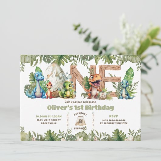 カラフル恐竜の緑ONE 1番目の誕生日 招待状 (スタンド正面)