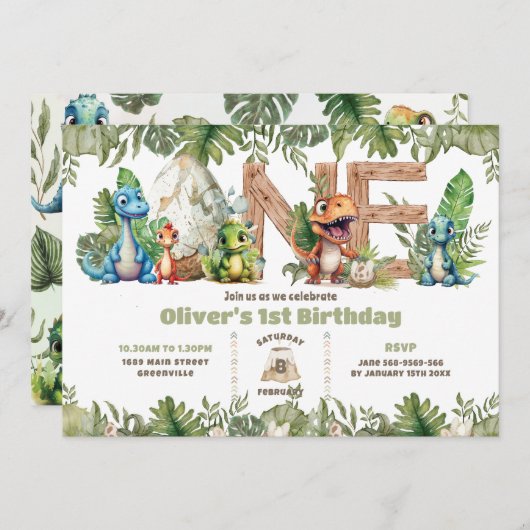 カラフル恐竜の緑ONE 1番目の誕生日 招待状 (正面/裏面)