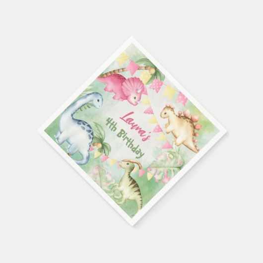カラフル恐竜の誕生パーソナライズされた党名 スタンダードカクテルナプキン (角)