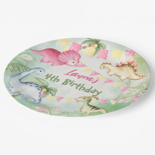 カラフル恐竜の誕生パーソナライズされた党名 ペーパープレート (アングル)