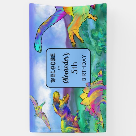 カラフル恐竜の誕生会パーソナライズされた 横断幕 (縦)