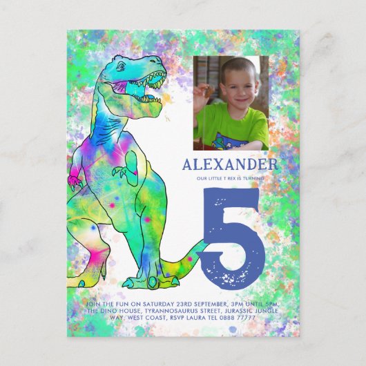 カラフル恐竜の誕生日パーティー予算 インビテーションポストカード (正面)
