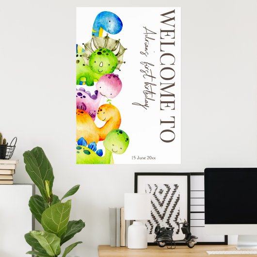 カラフル恐竜パーティーパーソナライズされた歓迎サイン ポスター (ホームオフィス)