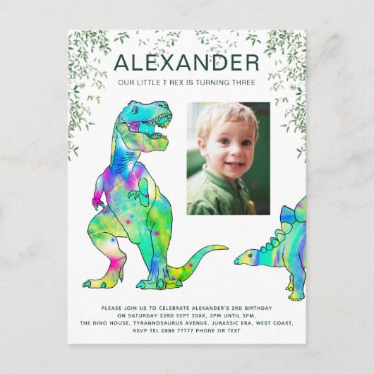 カラフル恐竜ボーイズ第3期パーティー写真 インビテーションポストカード (正面)