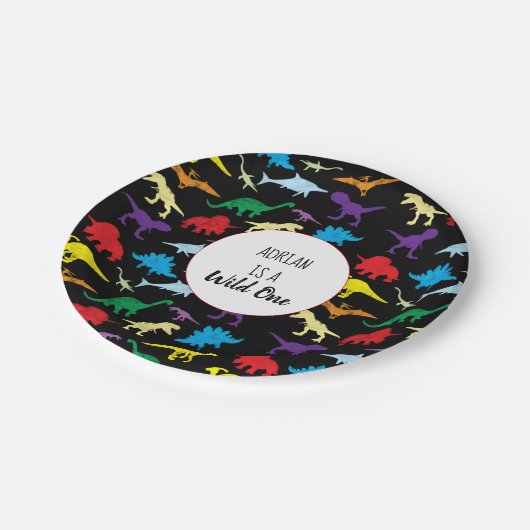 カラフル恐竜ワイルドワン子供の誕生日パーティー ペーパープレート (アングル)