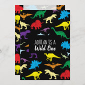 カラフル恐竜ワイルドワン子供の誕生日パーティー 招待状 (正面/裏面)