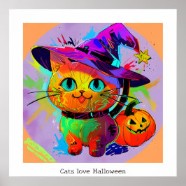 カラフル抽象芸術かわいいハッピーハローウィン猫 ポスター