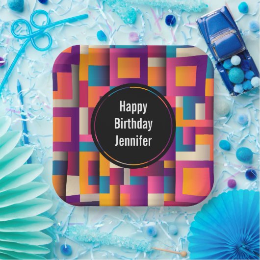 カラフル抽象芸術の四角形とシェイプの誕生日 ペーパープレート (パーティー)