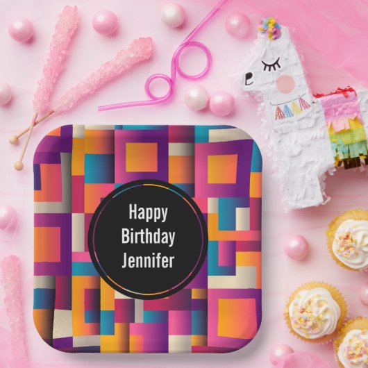 カラフル抽象芸術の四角形とシェイプの誕生日 ペーパープレート (パーティー)