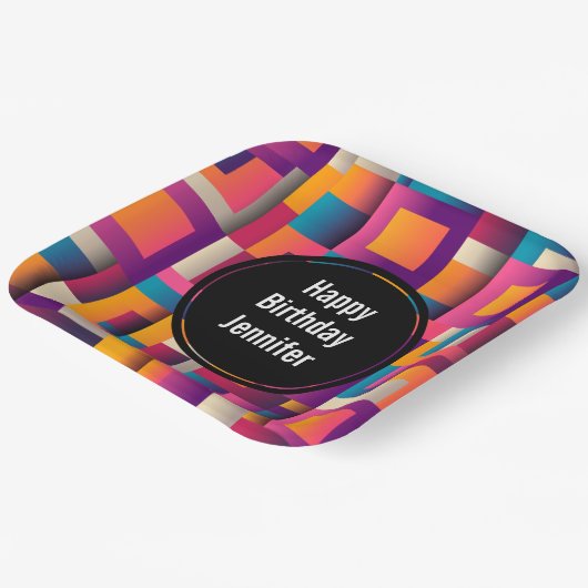 カラフル抽象芸術の四角形とシェイプの誕生日 ペーパープレート (傾斜あり)