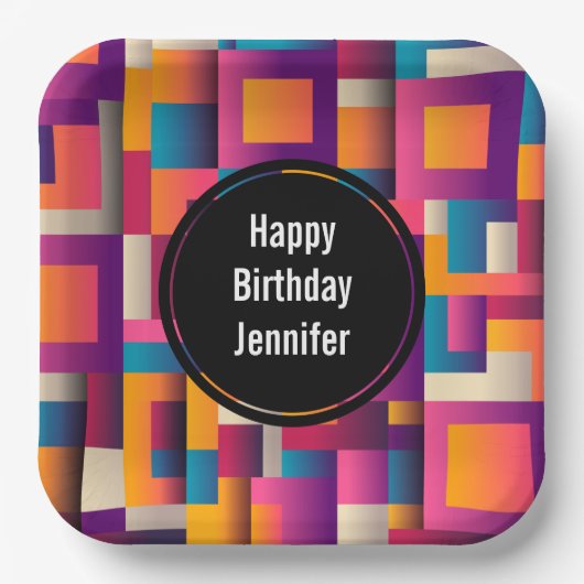 カラフル抽象芸術の四角形とシェイプの誕生日 ペーパープレート (正面)