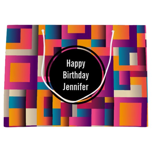 カラフル抽象芸術の四角形とシェイプの誕生日 ラージペーパーバッグ (正面)