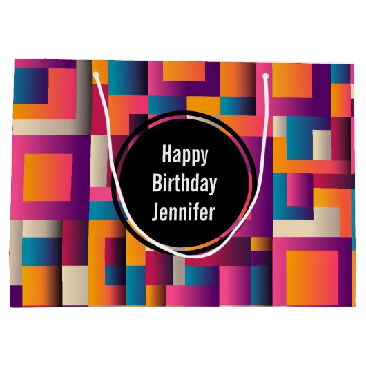 カラフル抽象芸術の四角形とシェイプの誕生日 ラージペーパーバッグ (裏面)