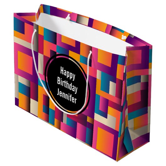 カラフル抽象芸術の四角形とシェイプの誕生日 ラージペーパーバッグ (裏面アングル)