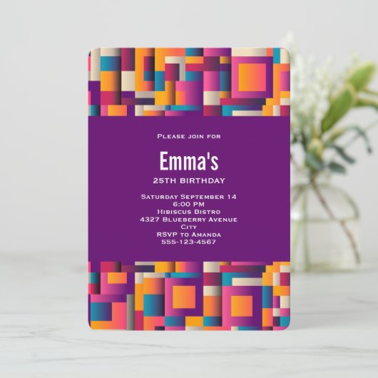 カラフル抽象芸術の四角形とシェイプの誕生日 招待状 (スタンド正面)