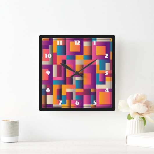 カラフル抽象芸術の四角形と図形 スクエア壁時計 (ホーム)