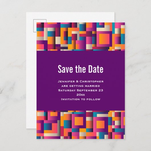 カラフル抽象芸術の正方形と図形の日付を保存 インビテーションポストカード (正面/裏面)